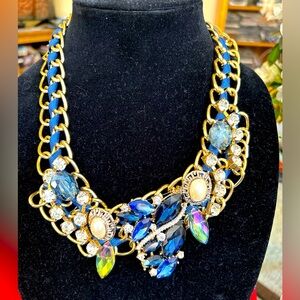 Elegant Gold Tone and Blue Hand Crafted Statement Necklace